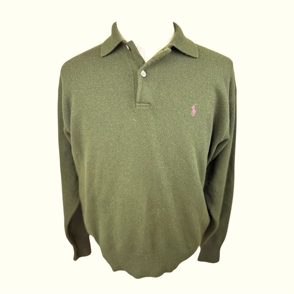 Polo Ralph Lauren blue label SZ LGE VTGE Lambswool army green 1/4 button sweater